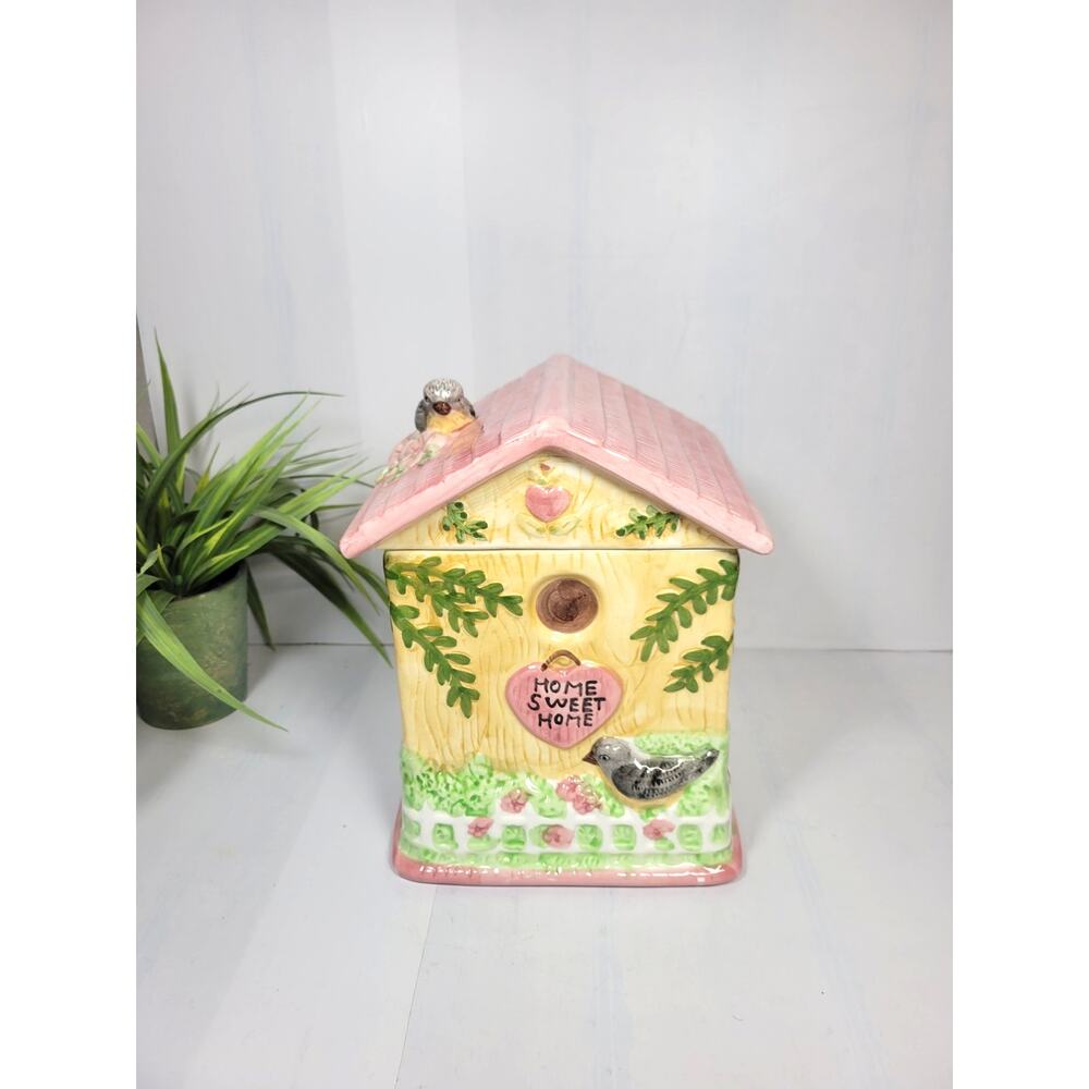 Vintage Cookie Jar Home Sweet Home, Ceramic Bird House, Pink Roof